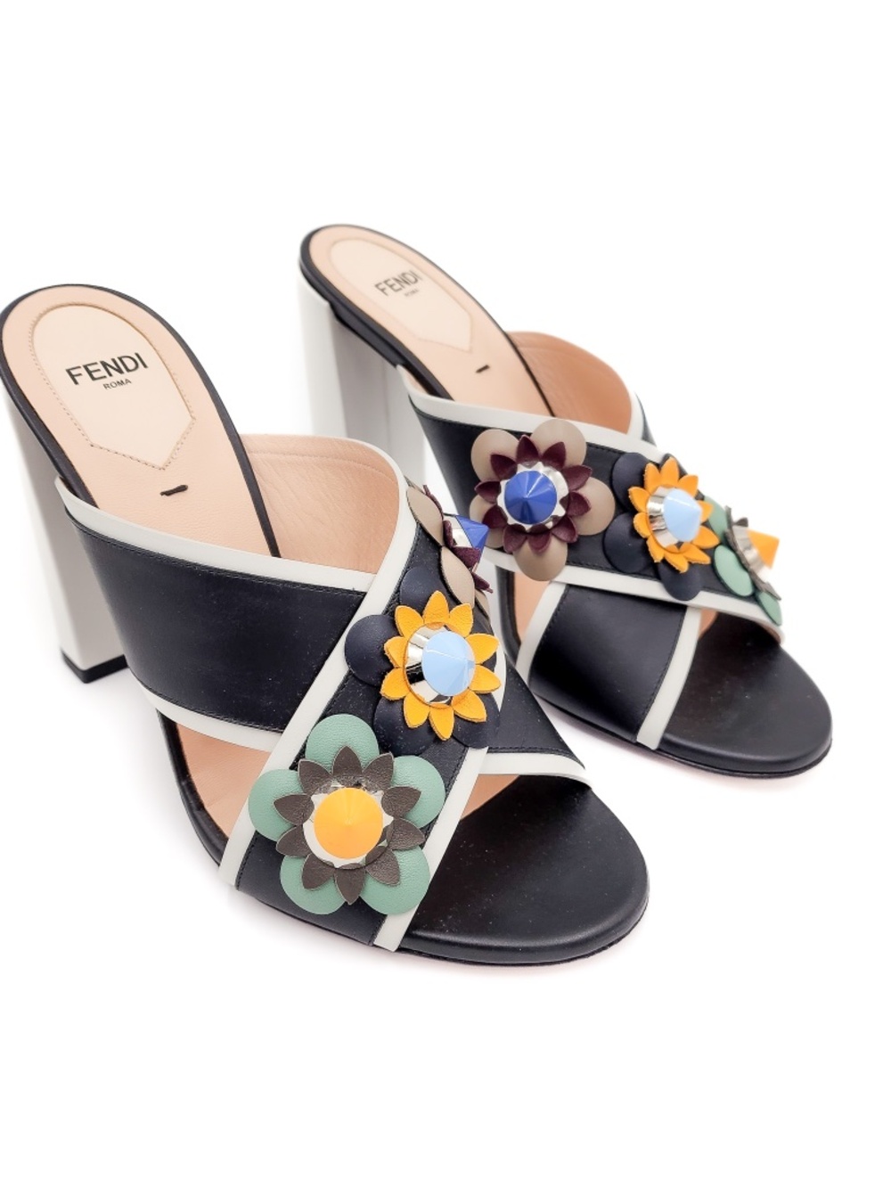 FENDI Flowerland Black White Nappa Leather Slip-On Heel Mules Shoes EU 38